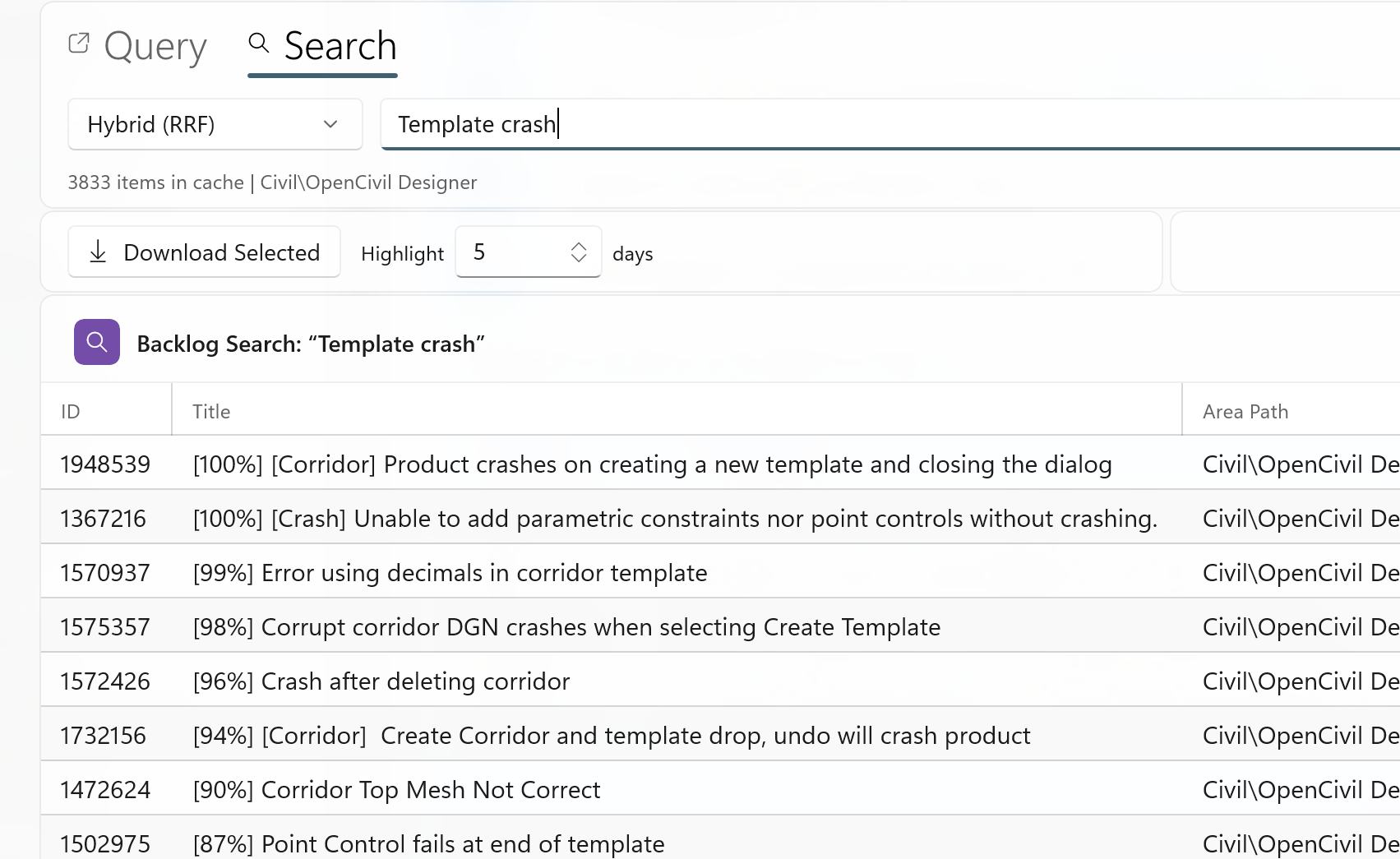 Backlog search results